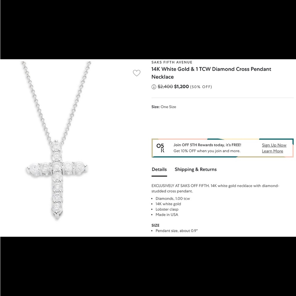 14K White Gold & 1 TCW Diamond Cross Pendant Necklace